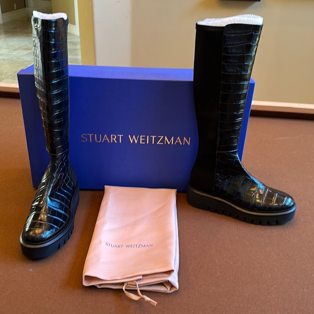 Stuart Weitzman, chalet, lug, sole, knee, high crock, embossed boot, never worn